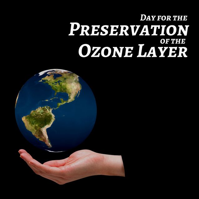 Cropped hand of caucasian woman with earth, day for the preservation of the ozone layer text. Digital composite, copy space, spread awareness, protection, phase out ozone depleting substances.