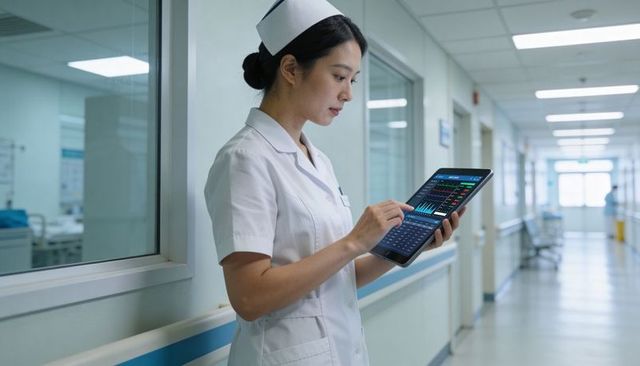 Nurse checking patient vital signs on tablet while standing in hospital corridor
