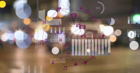 Futuristic urban hud overlay projecting data analytics and network visualization at night