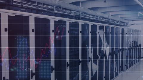 Data Chart Animation in Modern Server Room with Graph Overlay
