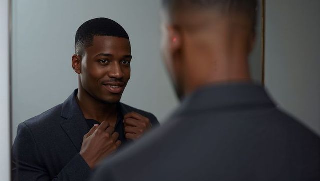Confident young man adjusting blazer collar while smiling at mirror preparing for meeting