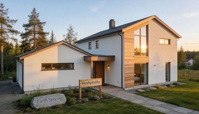 Modern two-story home basking in warm sunset light with wooden facade and hushpitality sign