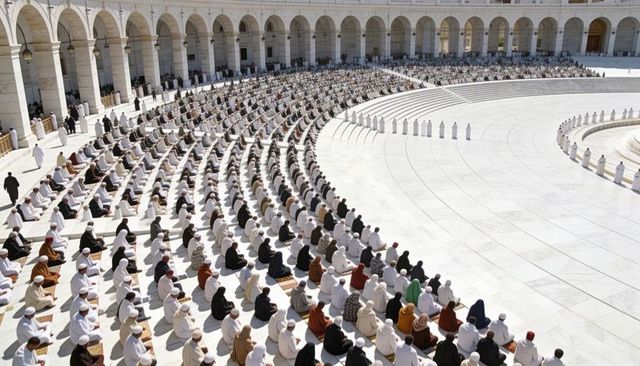 Muslim worshippers praying in concentric rows at monumental marble mosque courtyard with arches