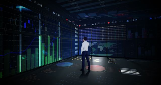 Businessman Analyzing Virtual Financial Data Boards in Dim Office - Download Free Stock Images Pikwizard.com