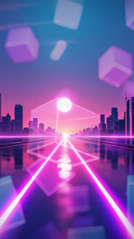 Forming Hexagon Framing Orb Over Neon Highway in City | Fututuristic Cyberpunk Vertical Video