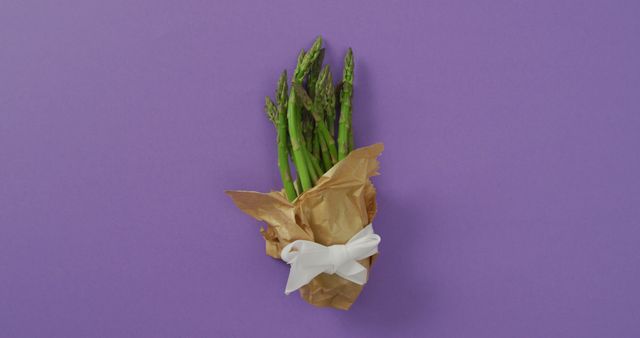 Several green asparagus spears are wrapped in brown craft paper and tied with a white ribbon, set against a bright purple background. This visually appealing arrangement is perfect for promoting healthy eating, vegan lifestyle, organic produce, and farm-to-table concepts. Suitable for use in food blogs, healthy eating articles, recipe websites, and vegetable farm advertisements.