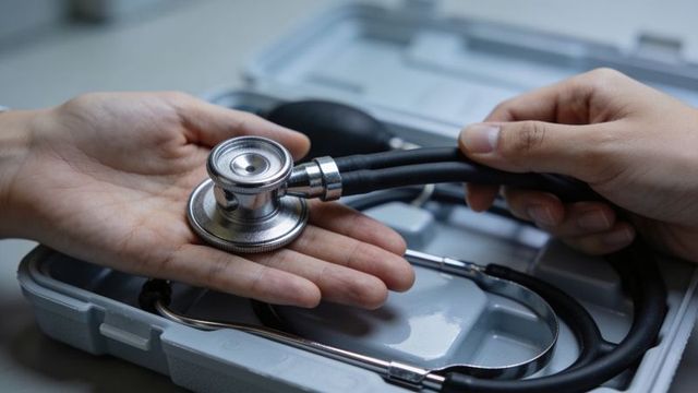 Clinician passing stethoscope between hands over medical case closeup