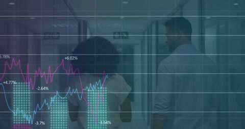 Colleagues Walking Through Office with Digital Data Overlay