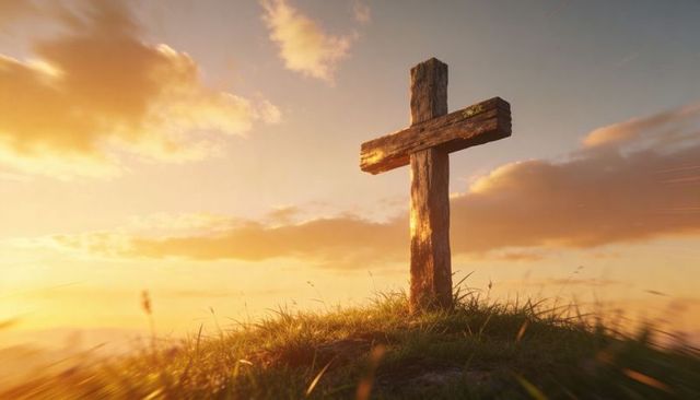 Weathered wooden cross standing on hilltop at sunrise with golden light and meadow grass