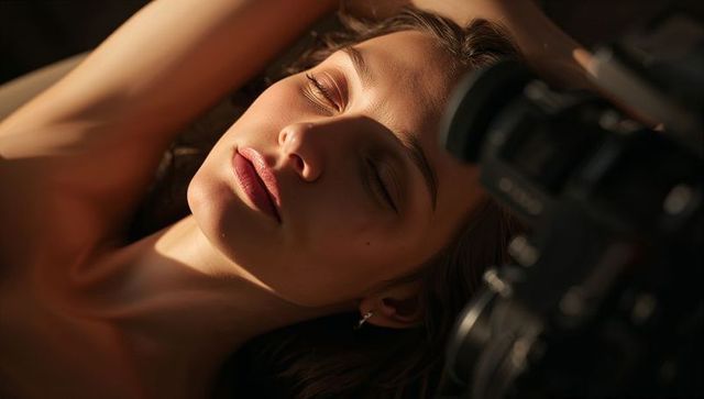 Reclining woman raising arms bare shoulders warm rim lighting closeup portrait serene