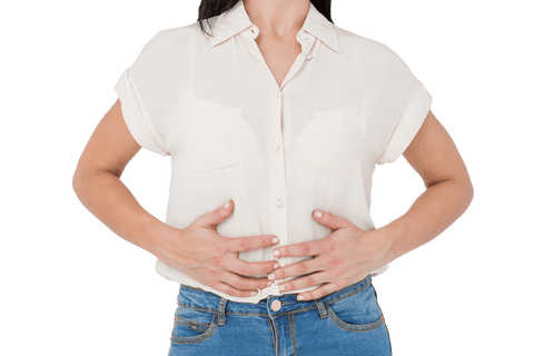Caucasian Woman Holding Stomach in Discomfort on Transparent Background