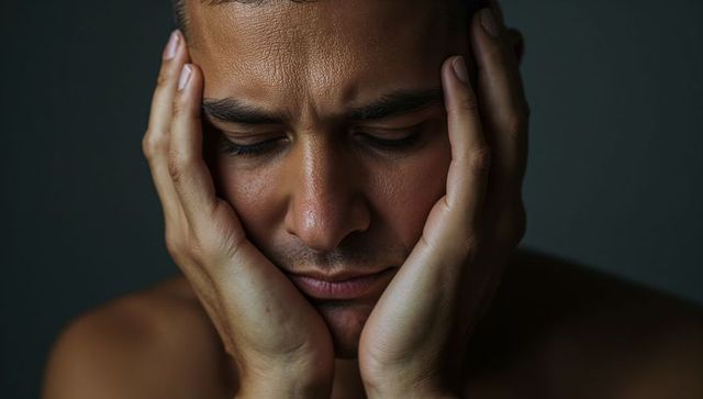 Hispanic man holding face with hands, reflecting in moody close-up portrait showing skin texture