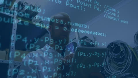 Caucasian male engineer seen through digital overlay processing code on tablet, conveying advanced technology use and data analytics in engineering. Suitable for illustrating concepts related to technology, robotics, and modern digital design processes.
