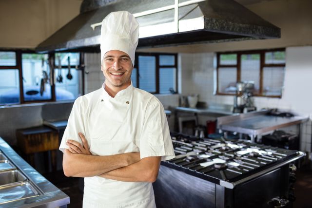 Male chef standing with arms crossed in a professional kitchen, smiling confidently. Ideal for use in culinary blogs, restaurant advertisements, hospitality industry promotions, and cooking class materials.