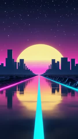 Neon highway leading toward glowing sun over futuristic city vertical loop