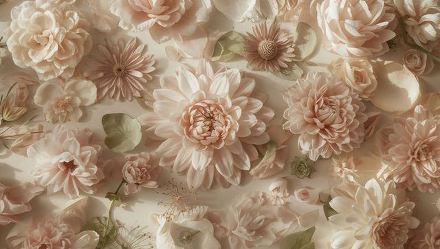 Soft blush floral flatlay with dahlias, garden roses, loose petals for wedding branding