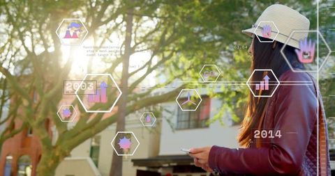 Asian woman checking phone on sunlit urban sidewalk with holographic ar analytics overlay