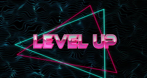 Retro Futuristic Level Up Graphic with Neon Triangles