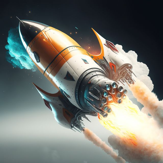 This image showcases a futuristic rocket propelling into space, emitting vibrant flames from its engines. Perfect for themes related to space exploration, science fiction, and advanced technology. Ideal for use in sci-fi book covers, technology presentations, and space-themed marketing materials.