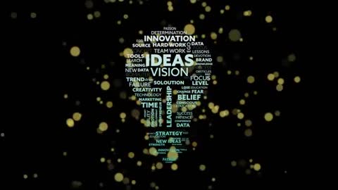 Word-Cloud Lightbulb Forming with Gold Bokeh Expressing Ideas Vision and Innovation