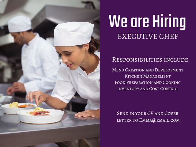Shows professional chefs working in modern kitchen for hiring advertisement. Ideal for use by restaurants, culinary schools, and recruitment agencies looking for executive chefs or culinary staff.