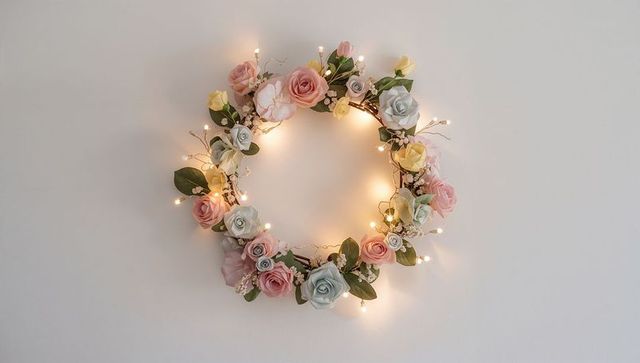 Glowing pastel rose wreath with fairy lights for romantic home decor and wedding backdrop