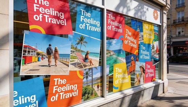 Colorful travel window display showcasing beach lifestyle posters feeling of travel campaign
