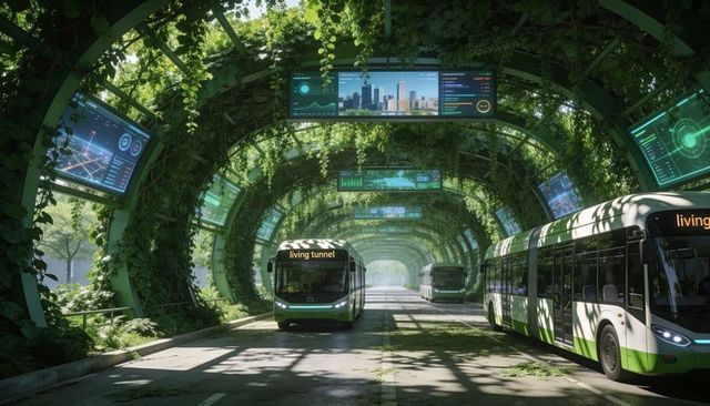 Electric buses traveling through living tunnel with green canopy and digital transit panels