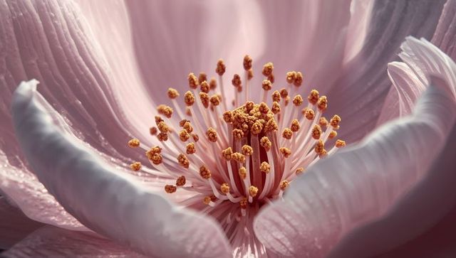 Capturing pale pink blossom revealing golden pollen and delicate stamens in macro close-up