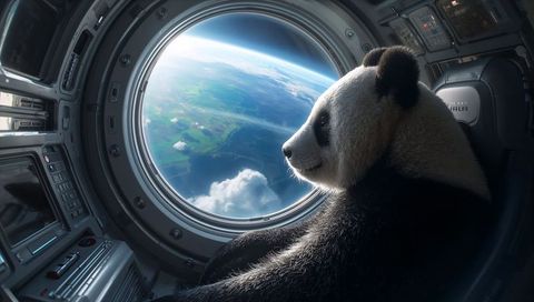Gazing giant panda floating in spacecraft cabin, viewing earth through circular porthole