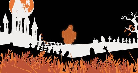 Halloween Night Cemetery Scene with Ghost and Haunted Castle - Download Free Stock Images Pikwizard.com