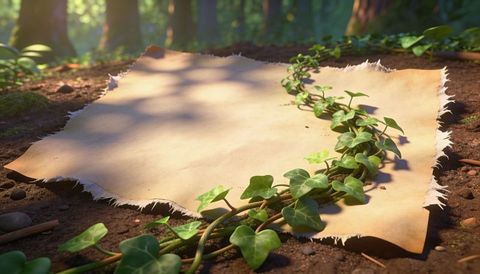 Aged parchment sheet with frayed edges resting on forest floor with ivy vine