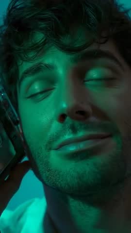 Man Enjoying Phone Call with Eyes Closed under Teal Studio Lighting Vertical Video