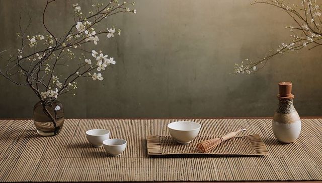 Minimal japanese tea ceremony with white ceramic bowls, bamboo whisk, blossom branches