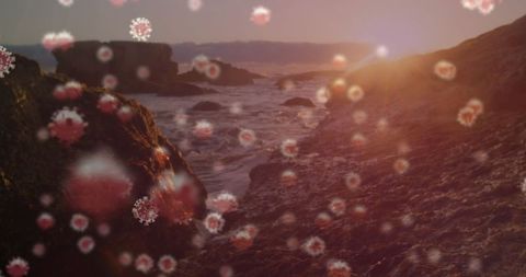 Dramatic Ocean Sunset with Surreal Virus Overlay