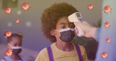 Temperature check for pupils during pandemic with virus overlay