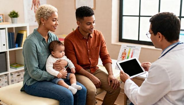 Young parents consulting pediatrician with infant using tablet and growth chart in clinic