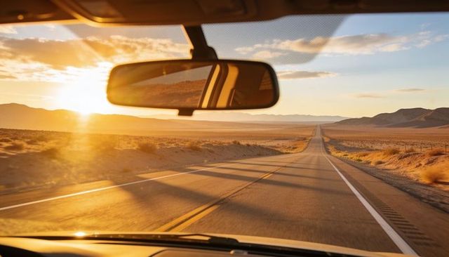 Golden-hour driving on endless desert highway through windshield with rearview glare