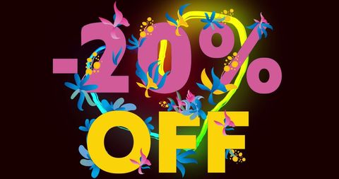 Colorful 20% Off Neon Sale Illustration with Floral Accents