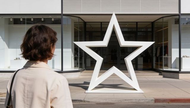 Shopper observing white star sculpture outside minimalist fashion boutique