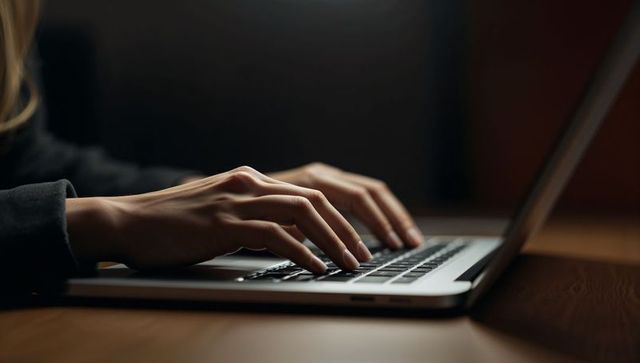 Closeup hands typing on laptop keyboard in warm ambient light for remote productivity