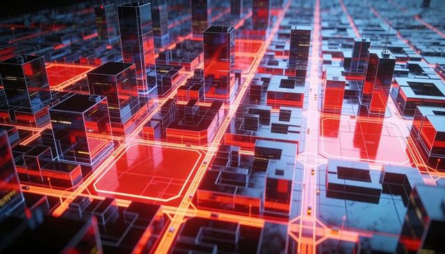 Futuristic Neon City Grid with Reflective Glass Towers and Circuit-like Roads