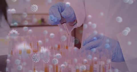 Scientists conducting research amidst covid symbolic elements