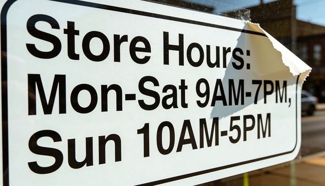 Displaying store hours sign with curled corner on glass window reflecting urban street
