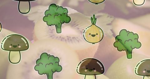 Playful Vegetable Illustrations on Fresh Kiwi and Avocado Background