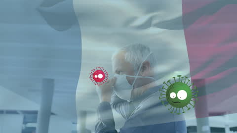 Man with Face Mask and French Flag Emblem Amid Virus Graphics