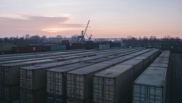 Dusk over intermodal container yard showing stacked shipping containers and cranes