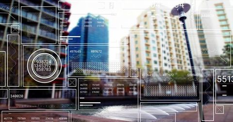 Walking blurred figure crossing urban plaza with hud overlays and glass highrises