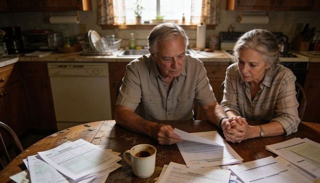 Senior couple reviewing bills at rustic kitchen table, managing household finances together