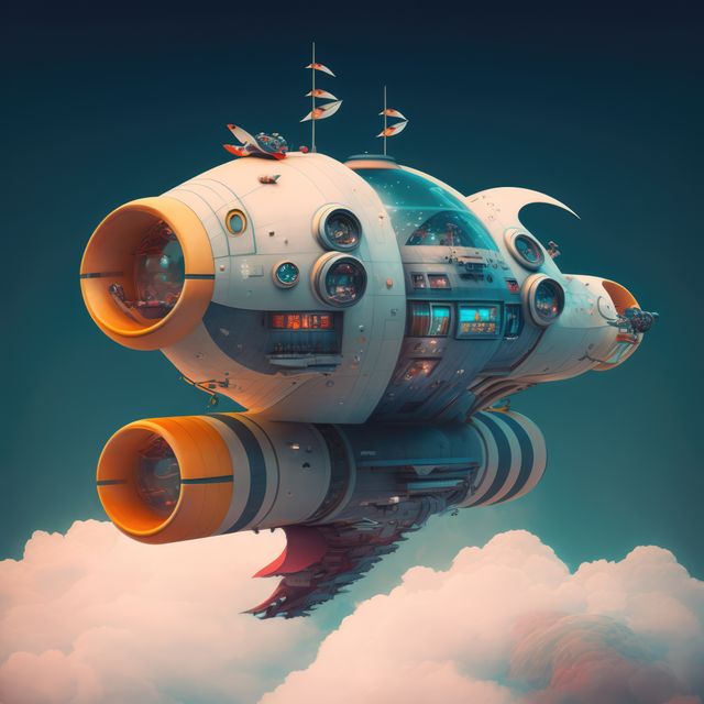 Spaceship flying in outer space over clouds background, created using generative ai technology. Space travel and outer space concept digitally generated image.